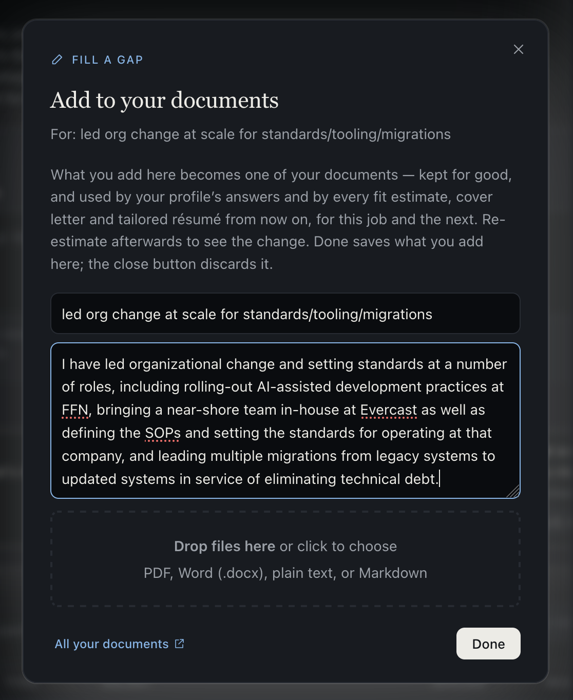 Add a note to teach InterviewMe more about your professional history