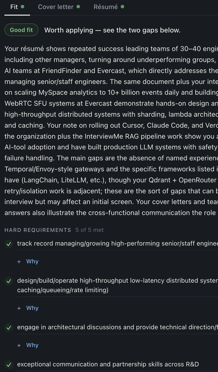 The ‘fit’ panel gives you a summary and item-by-item breakdown of how your background fits with a role.